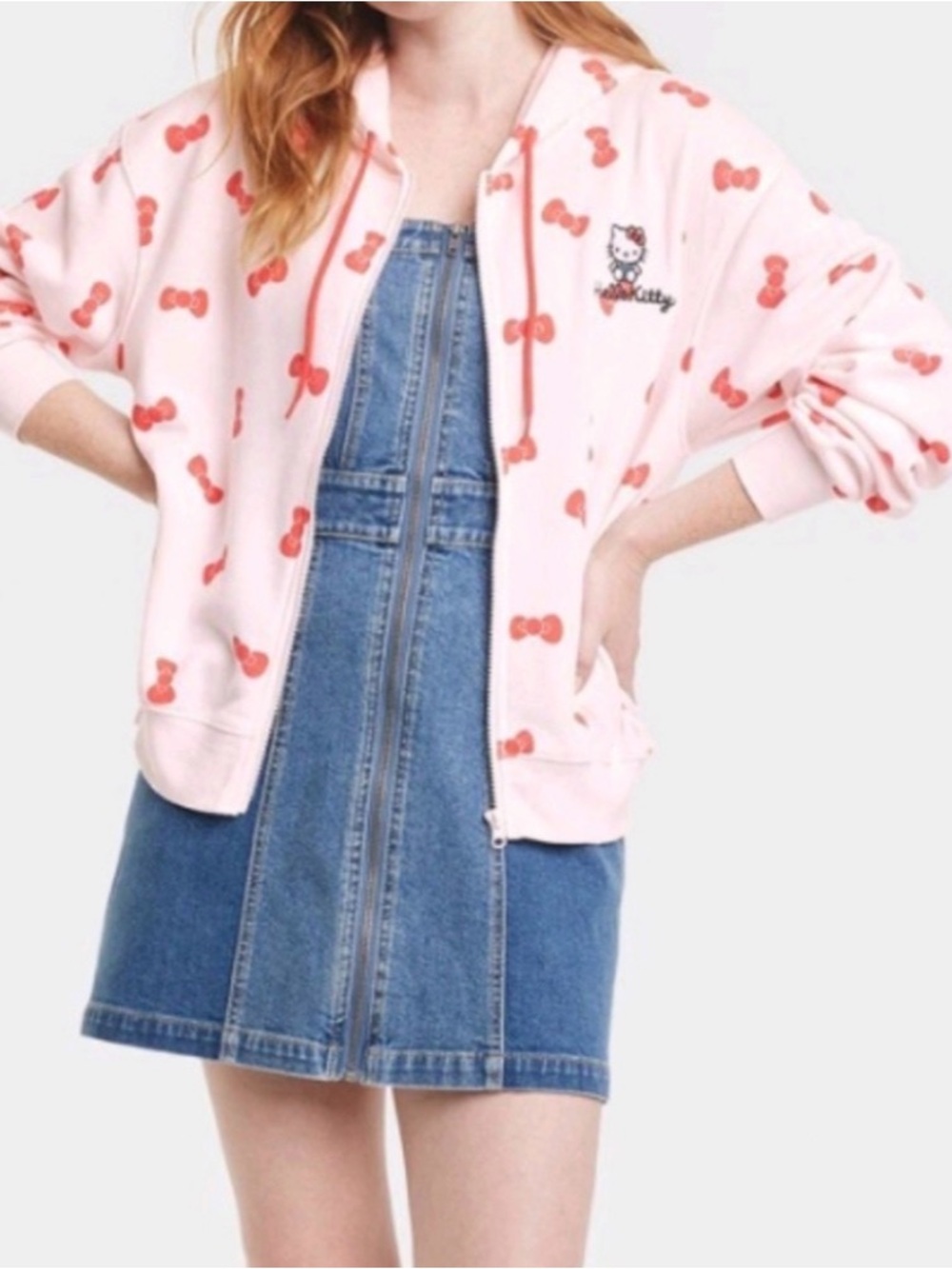 Sanrio-Hello Kitty-Pink,Zip-Up Hoodie, Red Bow All-Over Print - Women’s-Small